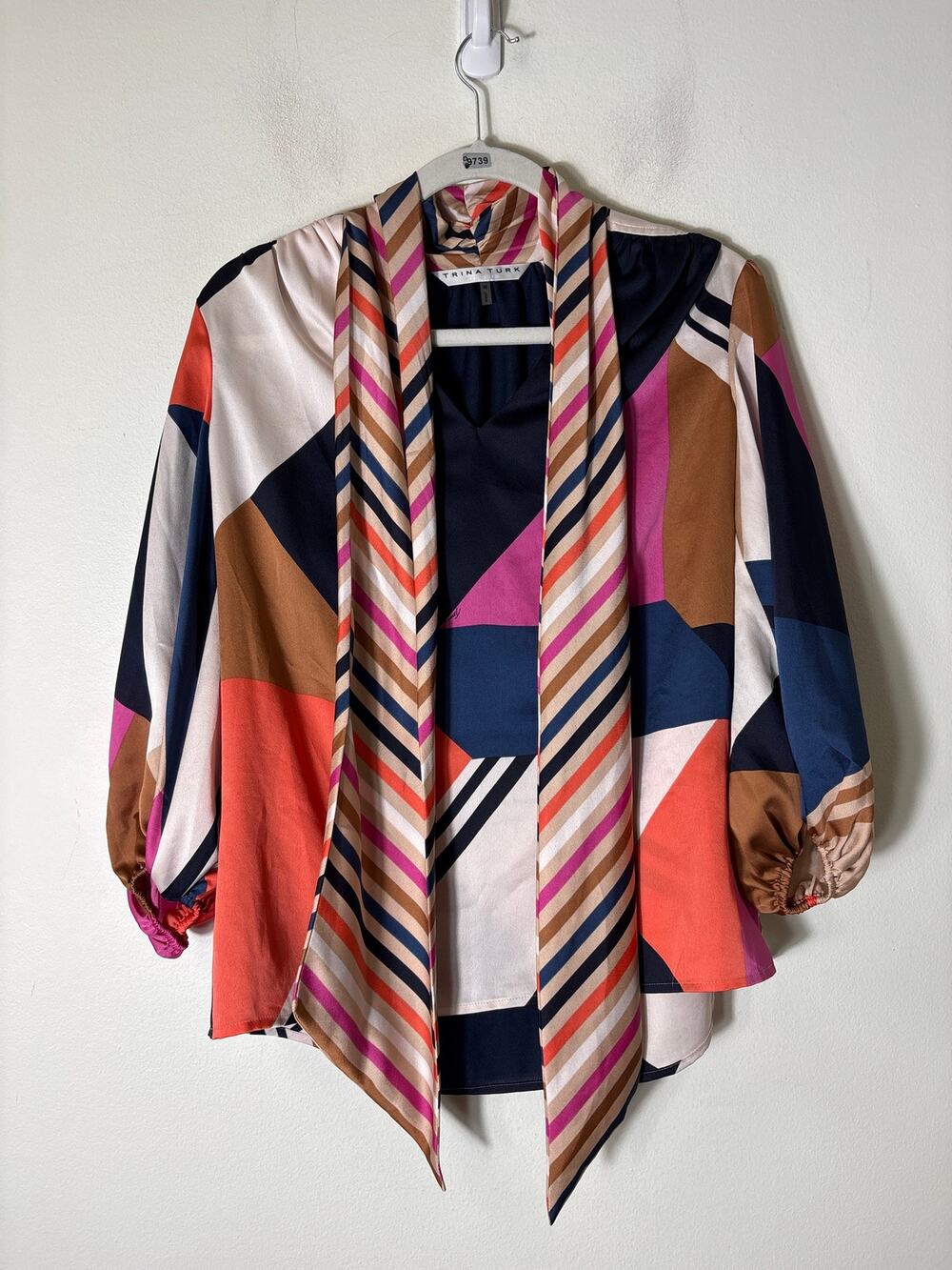 Trina Turk Multicolor Geo Print Long Puff Sleeve Blouse Sz M